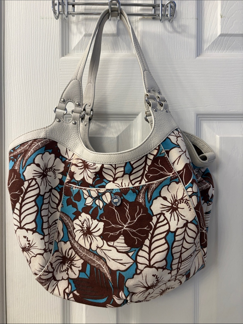 Cole Haan Floral Canvas Shoulder Bag in Brown, White & Turquoise, leather straps